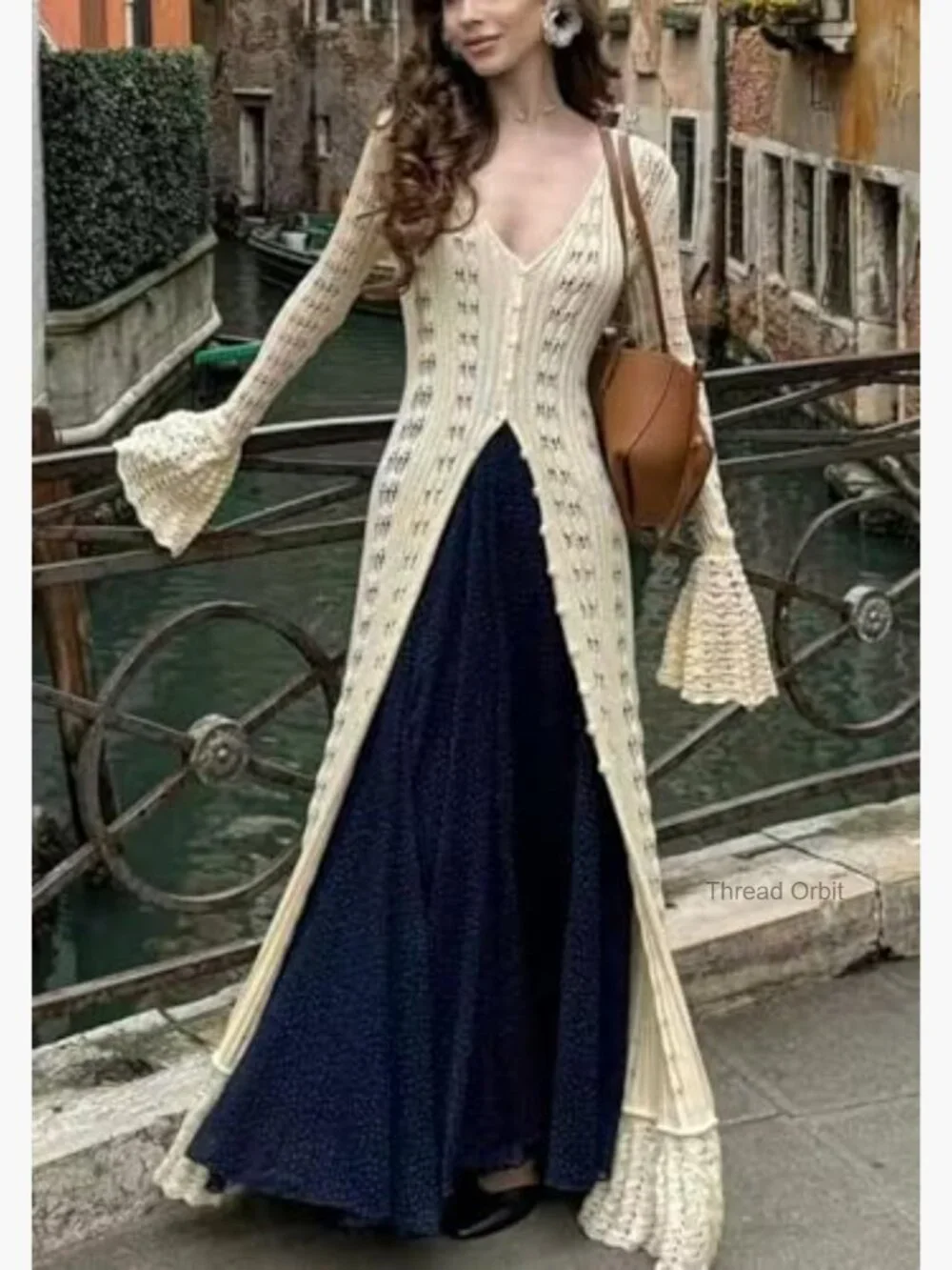 Women's Long Crochet Cardigan Bell Sleeve Ruffle Knit Lightweight Duster